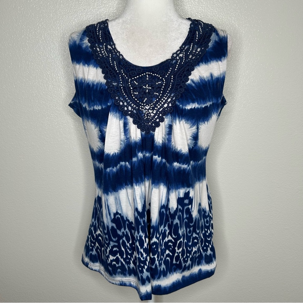Dressbarn Womens Blue & White Tie-Dye Patterned Crochet Tank Top Size LP Petite